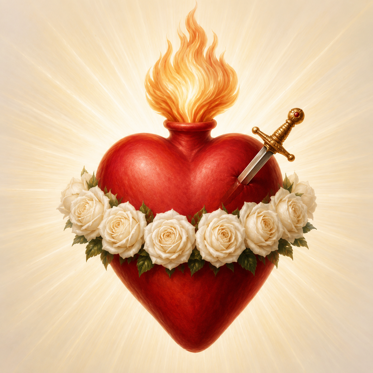 Imaculado Coração de Maria, ardente de amor e cercado de rosas brancas