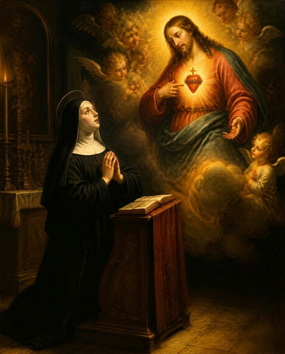 Santa Margarida Maria Alacoque em oração diante do Sagrado Coração de Jesus
